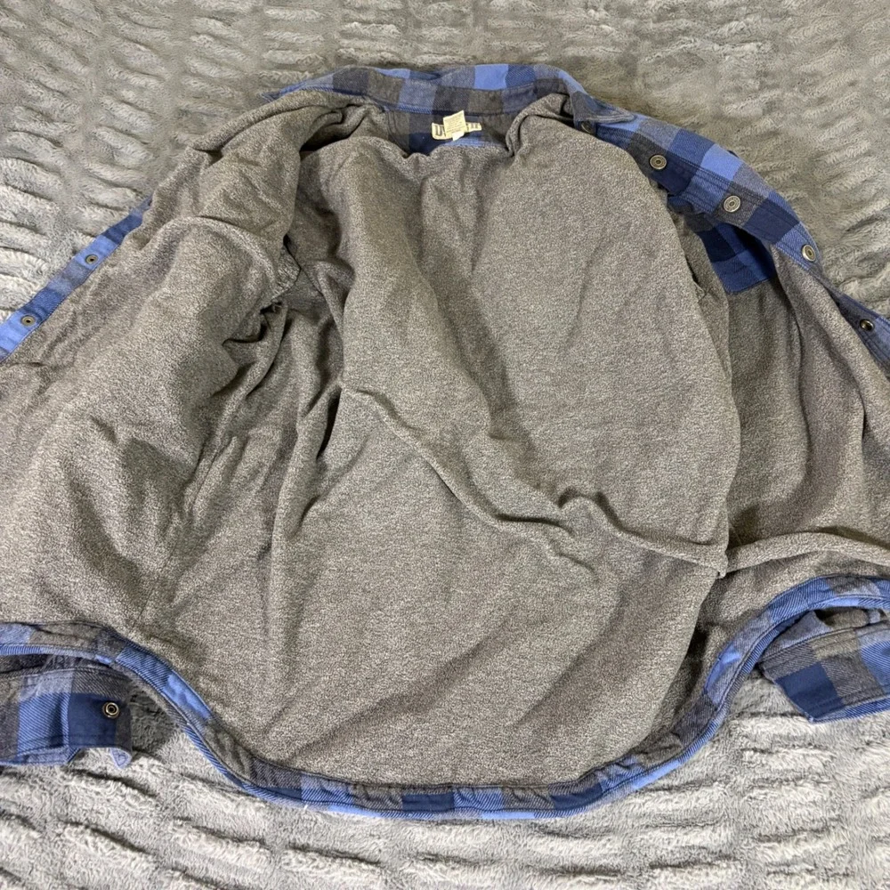 Duluth Trading Co Mens Large Fleece Lined Flannel Shirt Jacket Blue Plaid Cotton